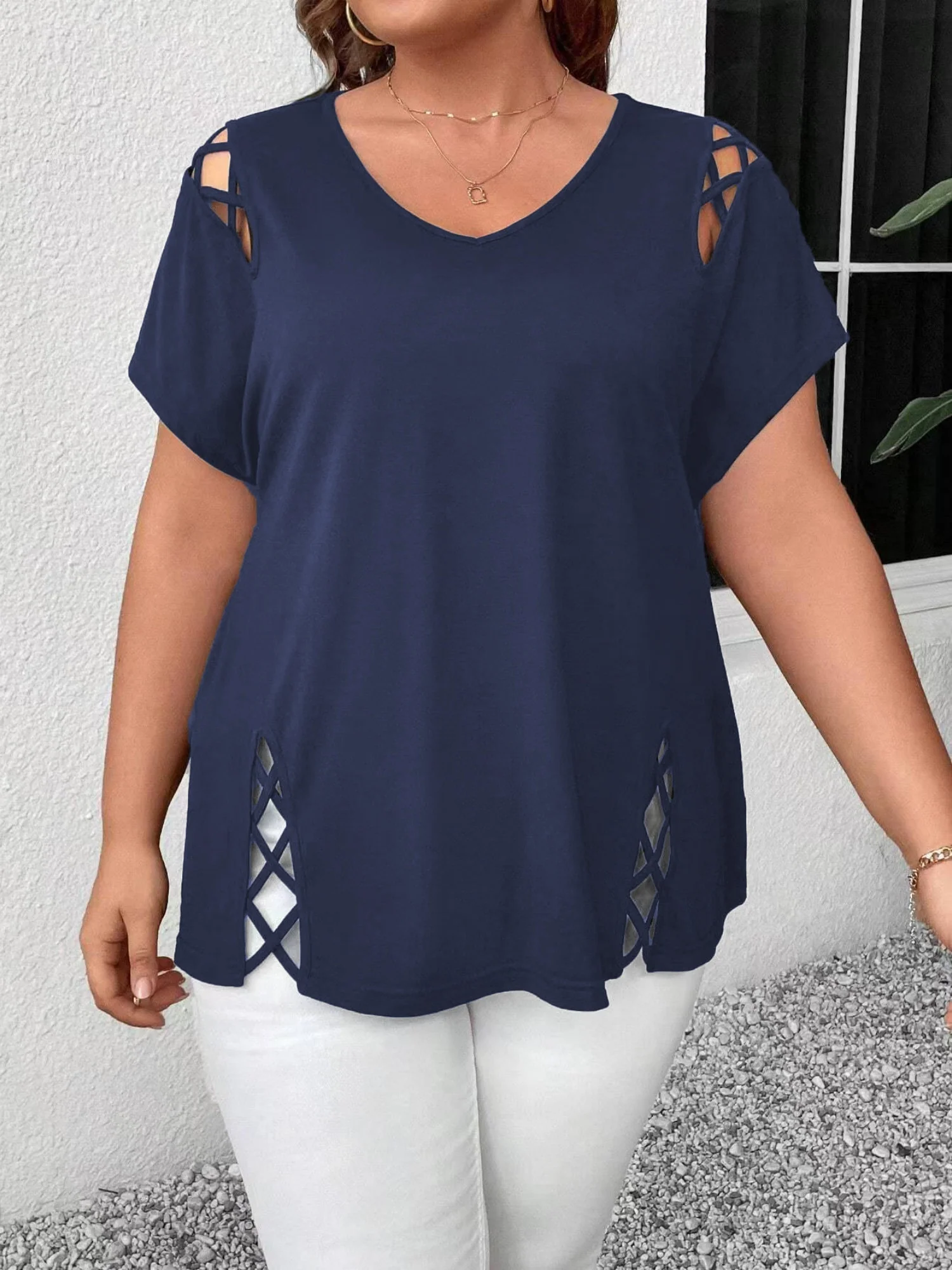 Hollow Out V-neck Cross Belt Short-sleeved T-shirt - Image 6