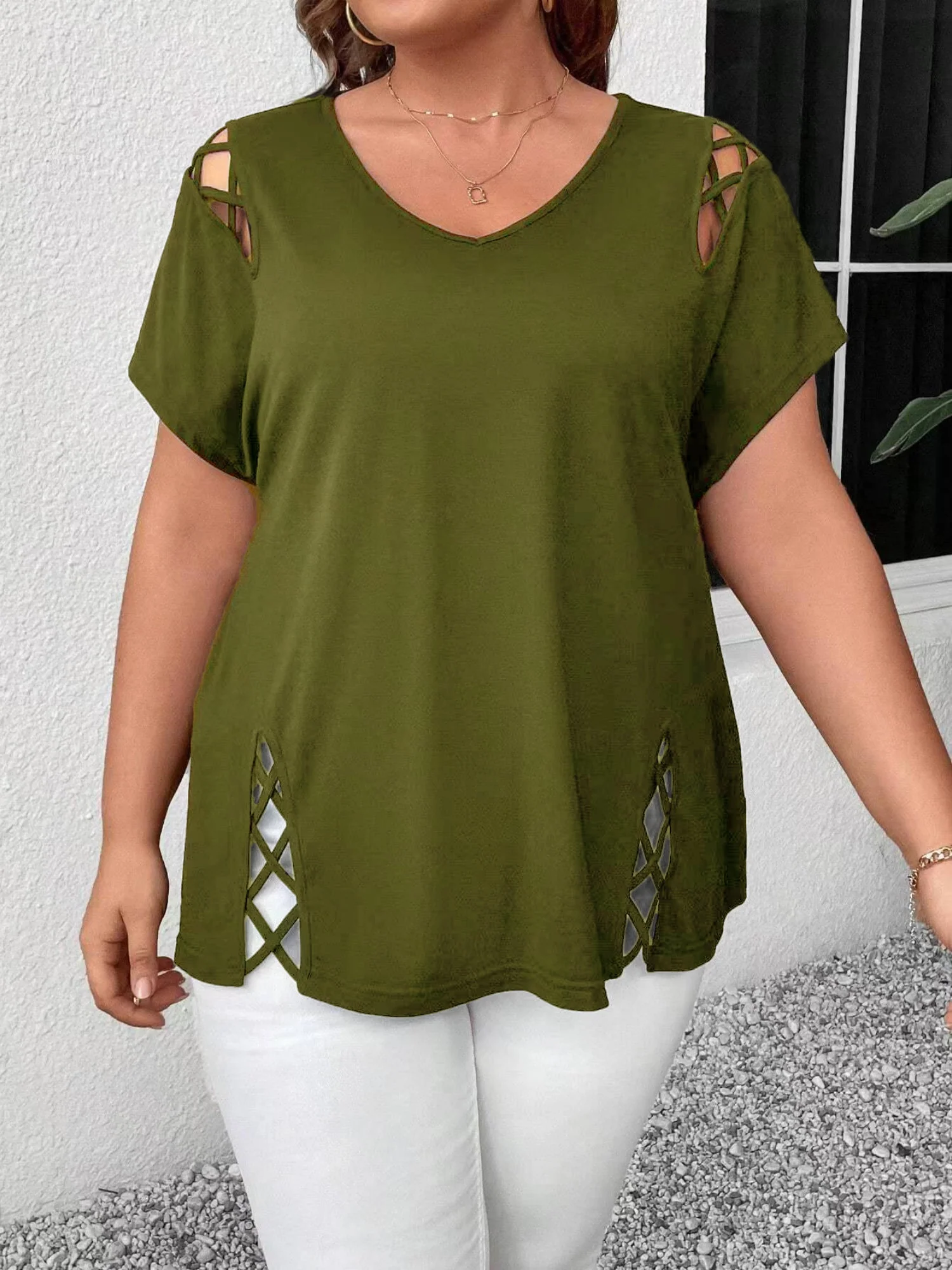 Hollow Out V-neck Cross Belt Short-sleeved T-shirt - Image 7