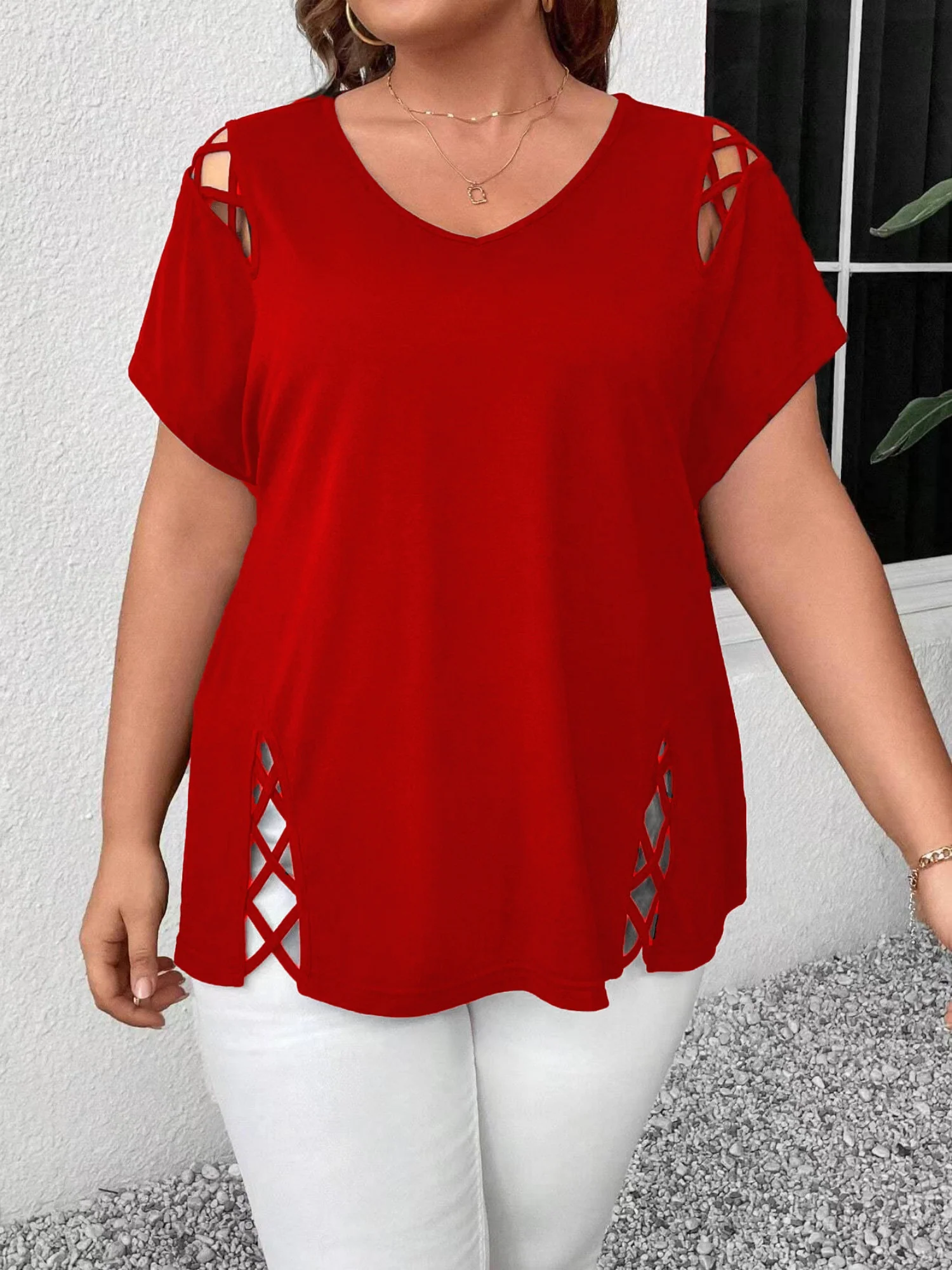 Hollow Out V-neck Cross Belt Short-sleeved T-shirt - Image 8