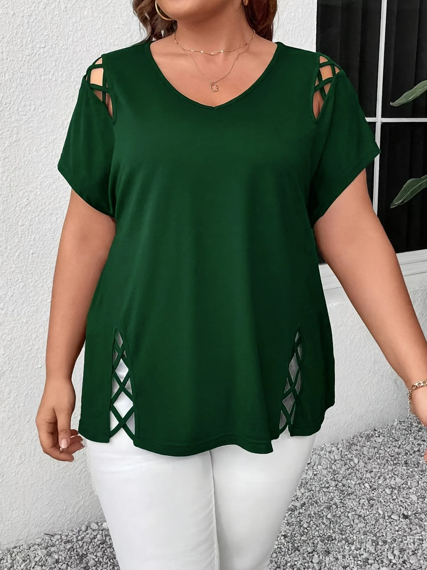 Hollow Out V-neck Cross Belt Short-sleeved T-shirt - Image 9