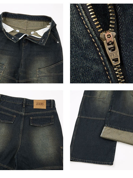 Distressed Washed Big Pocket Wide-leg Straight-fit Jeans - Image 5