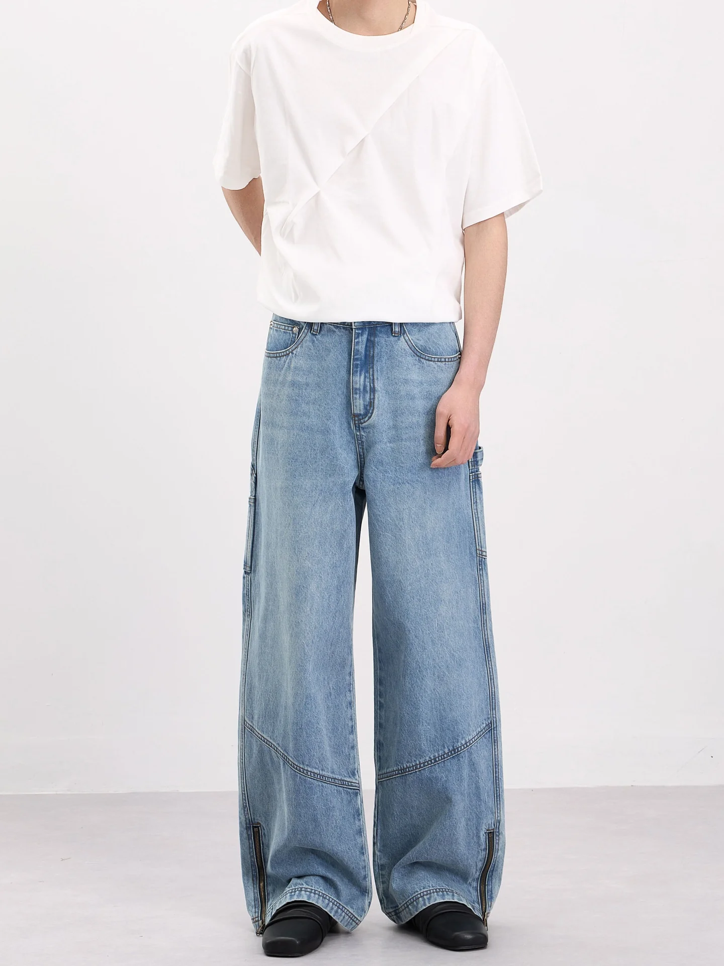 Slit Loose-fit Work Clothes Straight-fit Jeans - Image 3