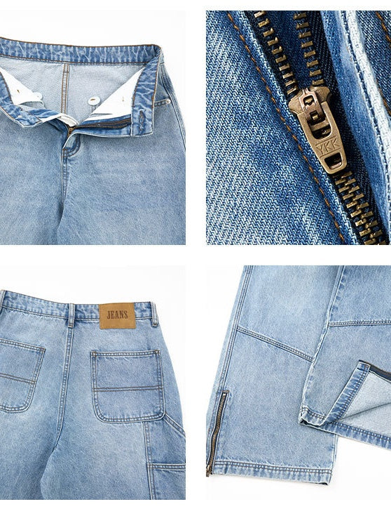 Slit Loose-fit Work Clothes Straight-fit Jeans - Image 5
