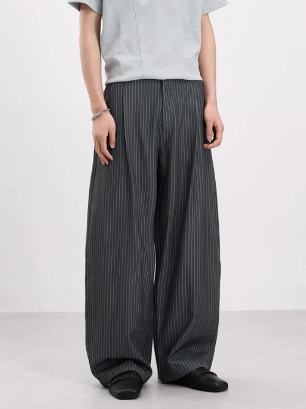Old Money Style Pleated Stripes Machete Baggy Dress Pants Pants - Image 3