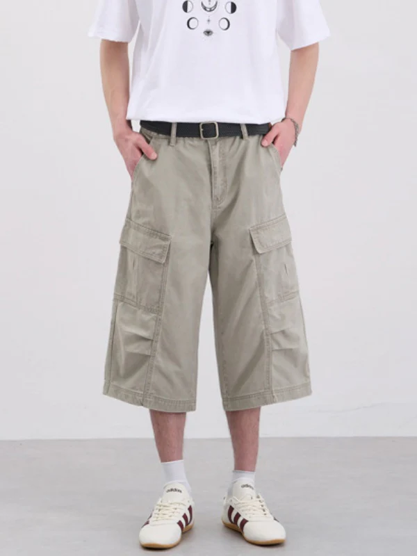 Washed Pleated Multiple Pockets Tooling Baggy 7 Points Shorts - Image 2