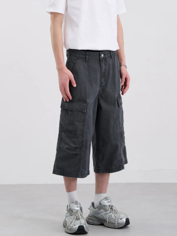 Washed Pleated Multiple Pockets Tooling Baggy 7 Points Shorts - Image 3