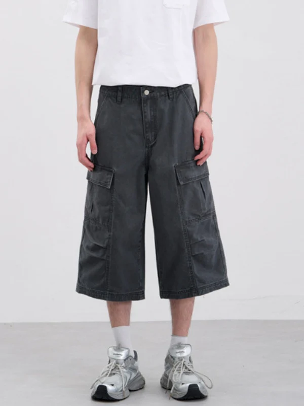 Washed Pleated Multiple Pockets Tooling Baggy 7 Points Shorts - Image 5