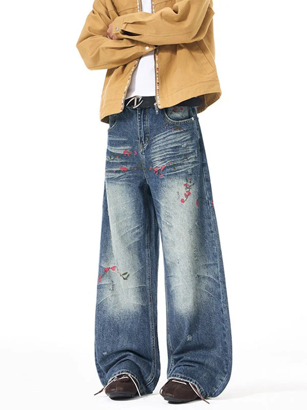 Floral Embroidery Versatile Straight-fit Jeans - Image 2