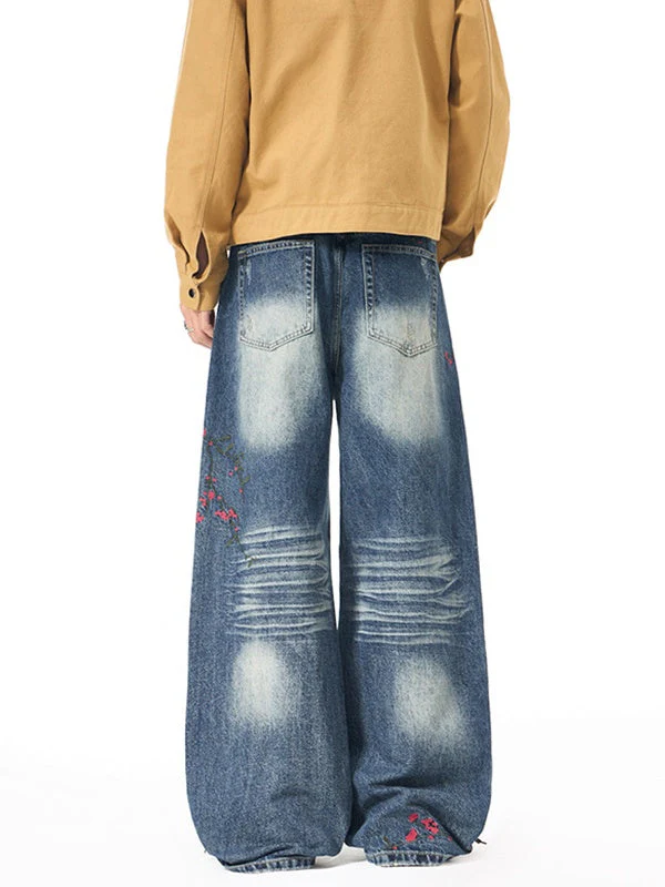 Floral Embroidery Versatile Straight-fit Jeans - Image 3