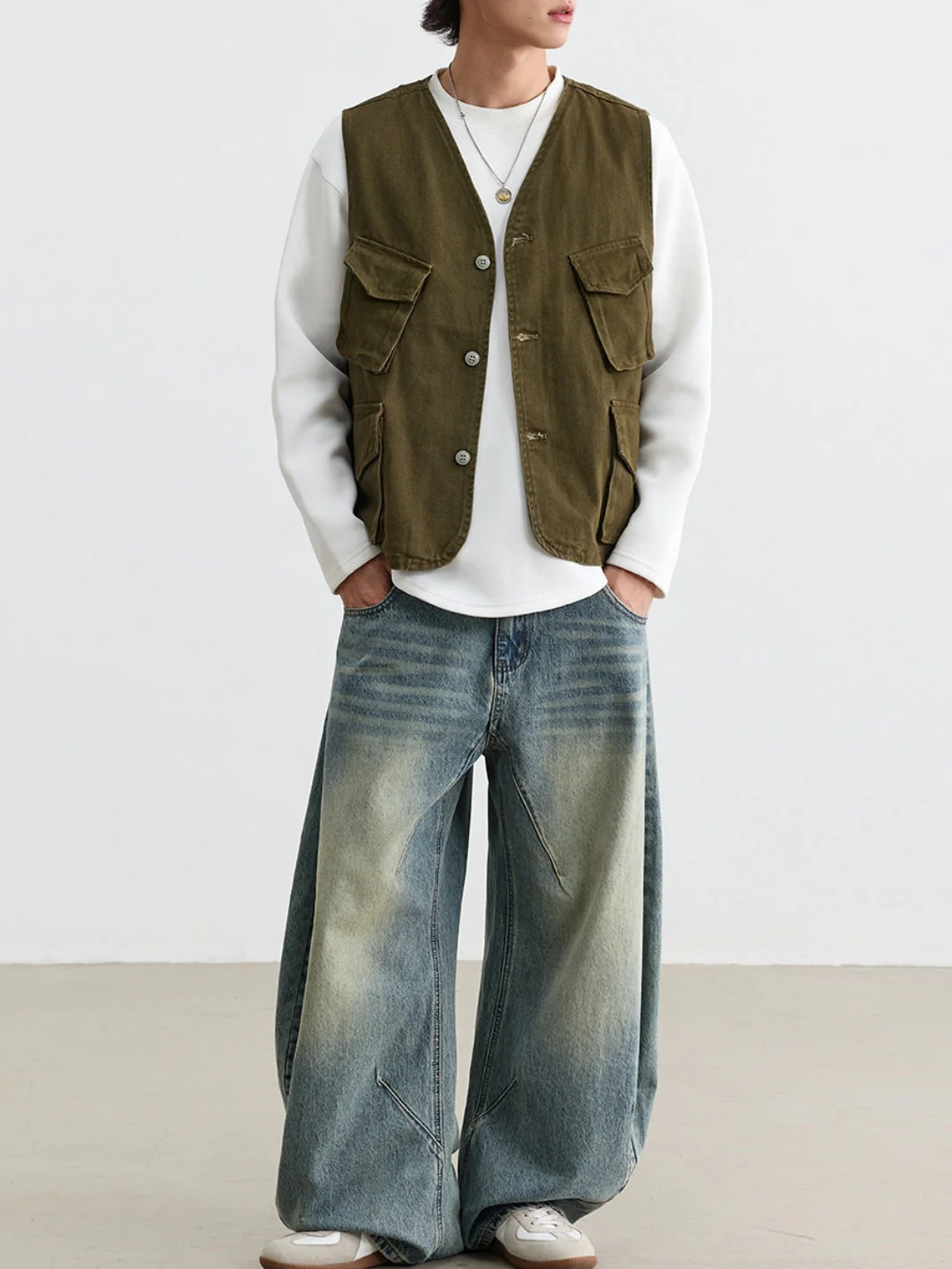 Distressed Washed Multiple Pockets Tooling Vests - Image 2