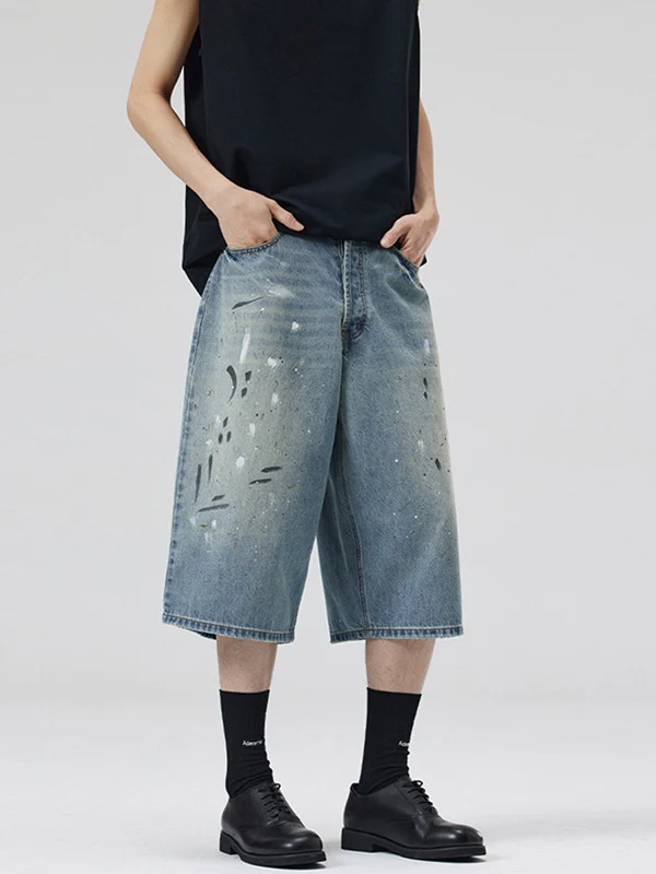 Retro Graffiti Splashing Ink 7 Points Denim Shorts - Image 3