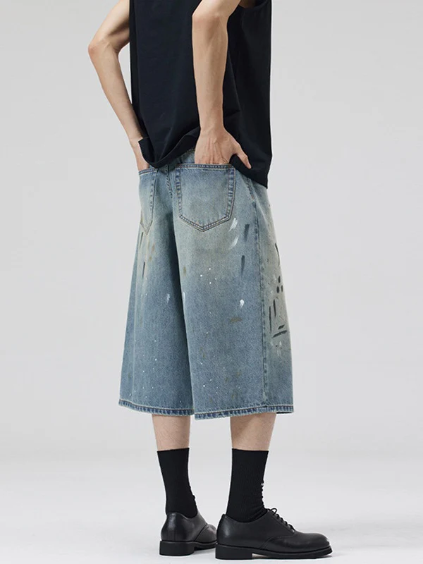 Retro Graffiti Splashing Ink 7 Points Denim Shorts - Image 4