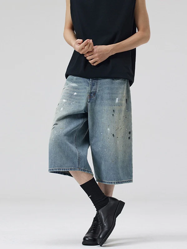 Retro Graffiti Splashing Ink 7 Points Denim Shorts - Image 5