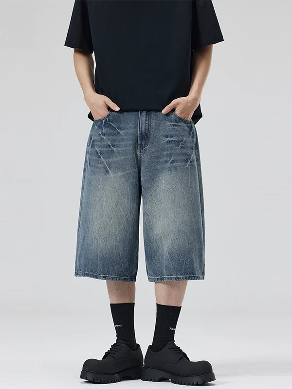 Retro Distressed Lightning Straight-fit 7 Points Denim Shorts