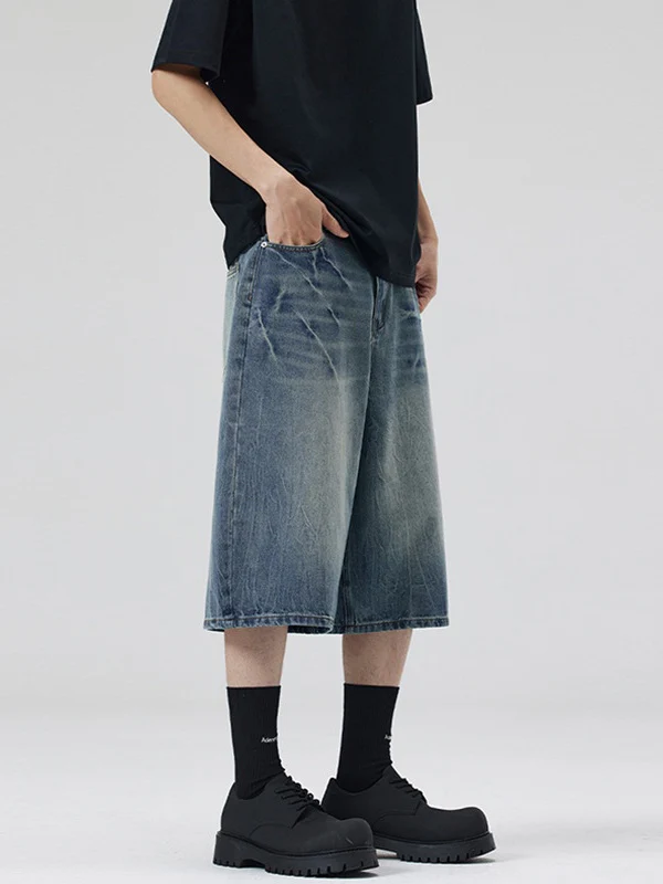Retro Distressed Lightning Straight-fit 7 Points Denim Shorts - Image 2
