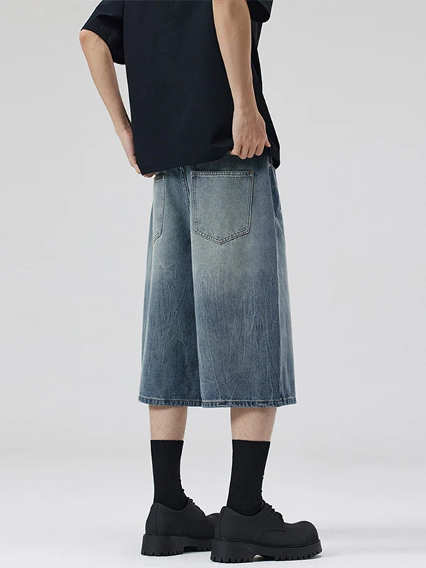 Retro Distressed Lightning Straight-fit 7 Points Denim Shorts - Image 3