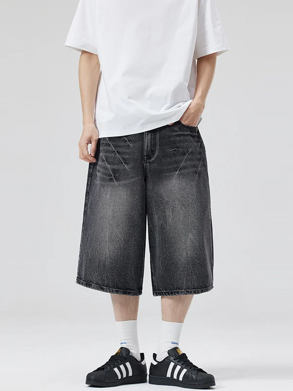 Retro Distressed Lightning Straight-fit 7 Points Denim Shorts - Image 4