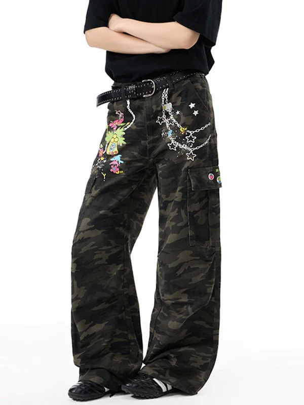 Retro Printed Camouflage Cargo Trousers