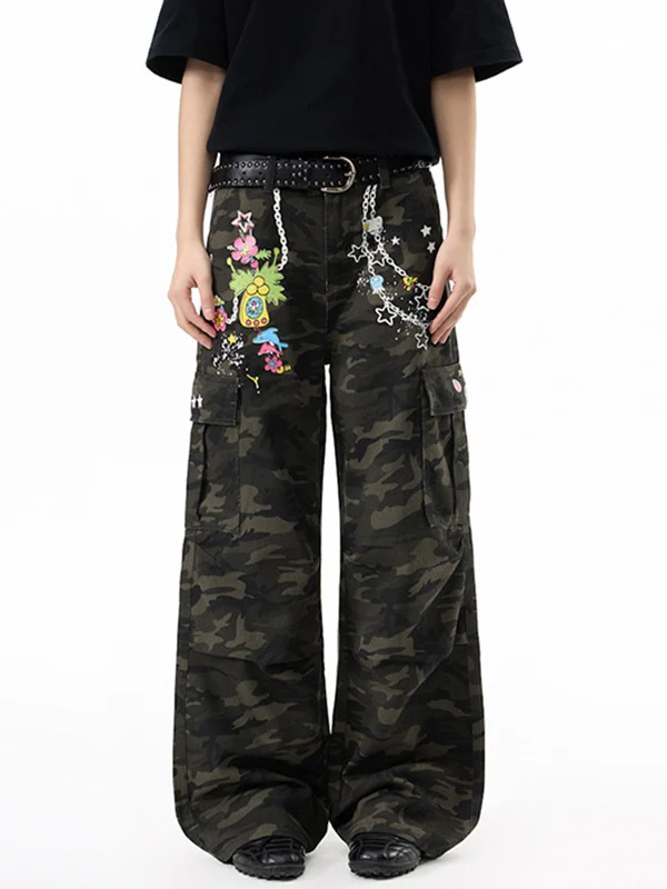 Retro Printed Camouflage Cargo Trousers - Image 2