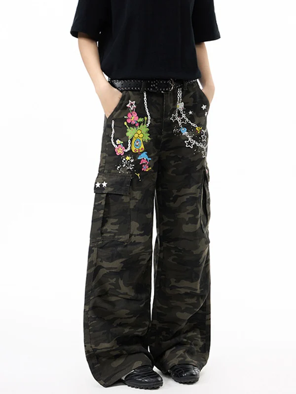 Retro Printed Camouflage Cargo Trousers - Image 3