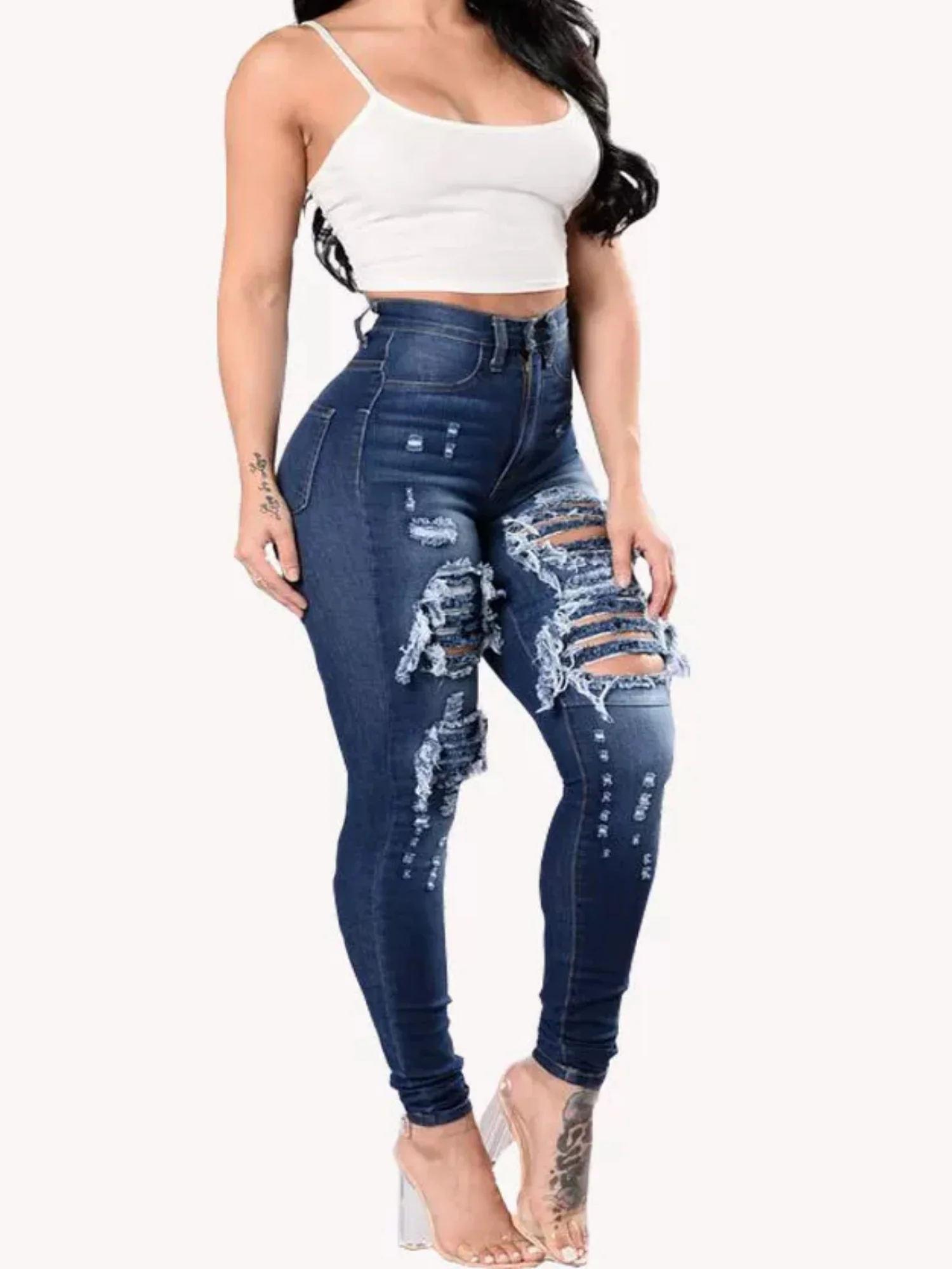 Hole Stretch Slimming Pencil Pants Jeans - Image 2