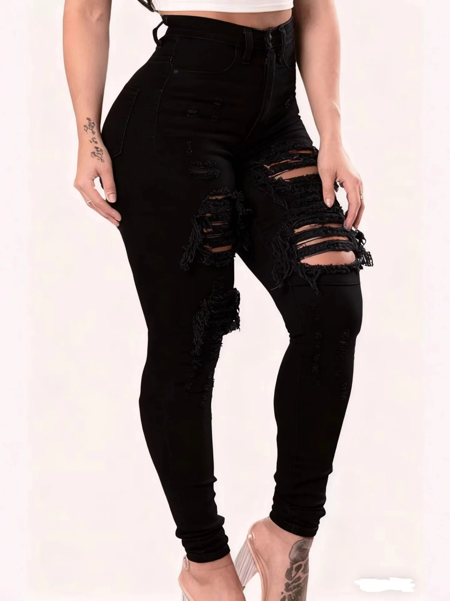 Hole Stretch Slimming Pencil Pants Jeans - Image 7
