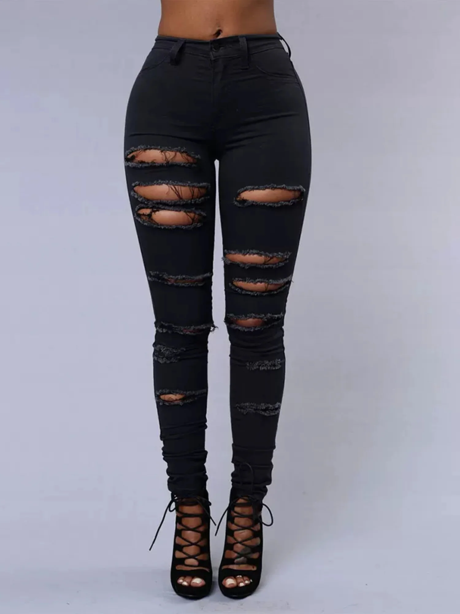 Hole Stretch Slimming Pencil Pants Jeans - Image 4