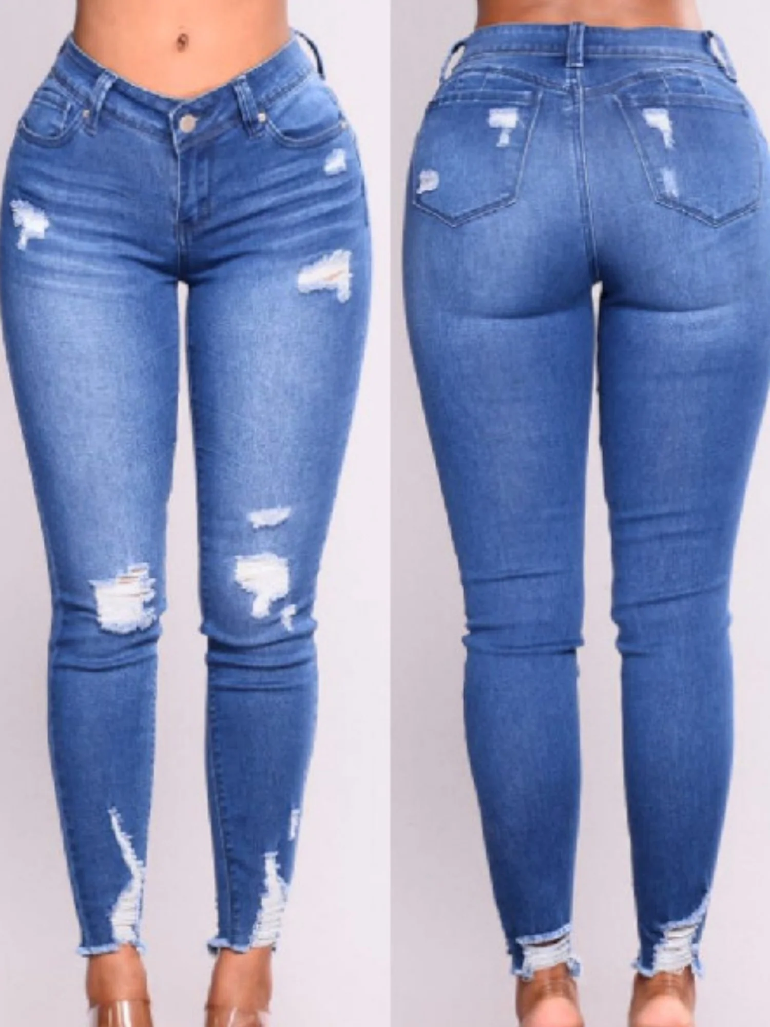 Washed Hole Stretch High-waisted And Slimming Pencil Pants Jeans - Image 2