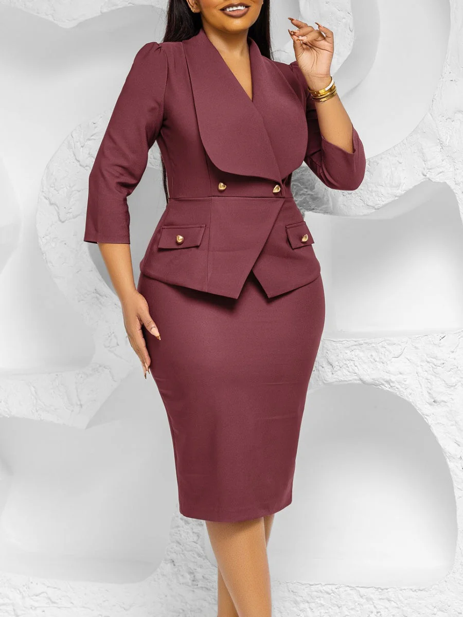 Large Lapel Three-quarter Sleeves Commuting Hip-hugging Midi Dresses
