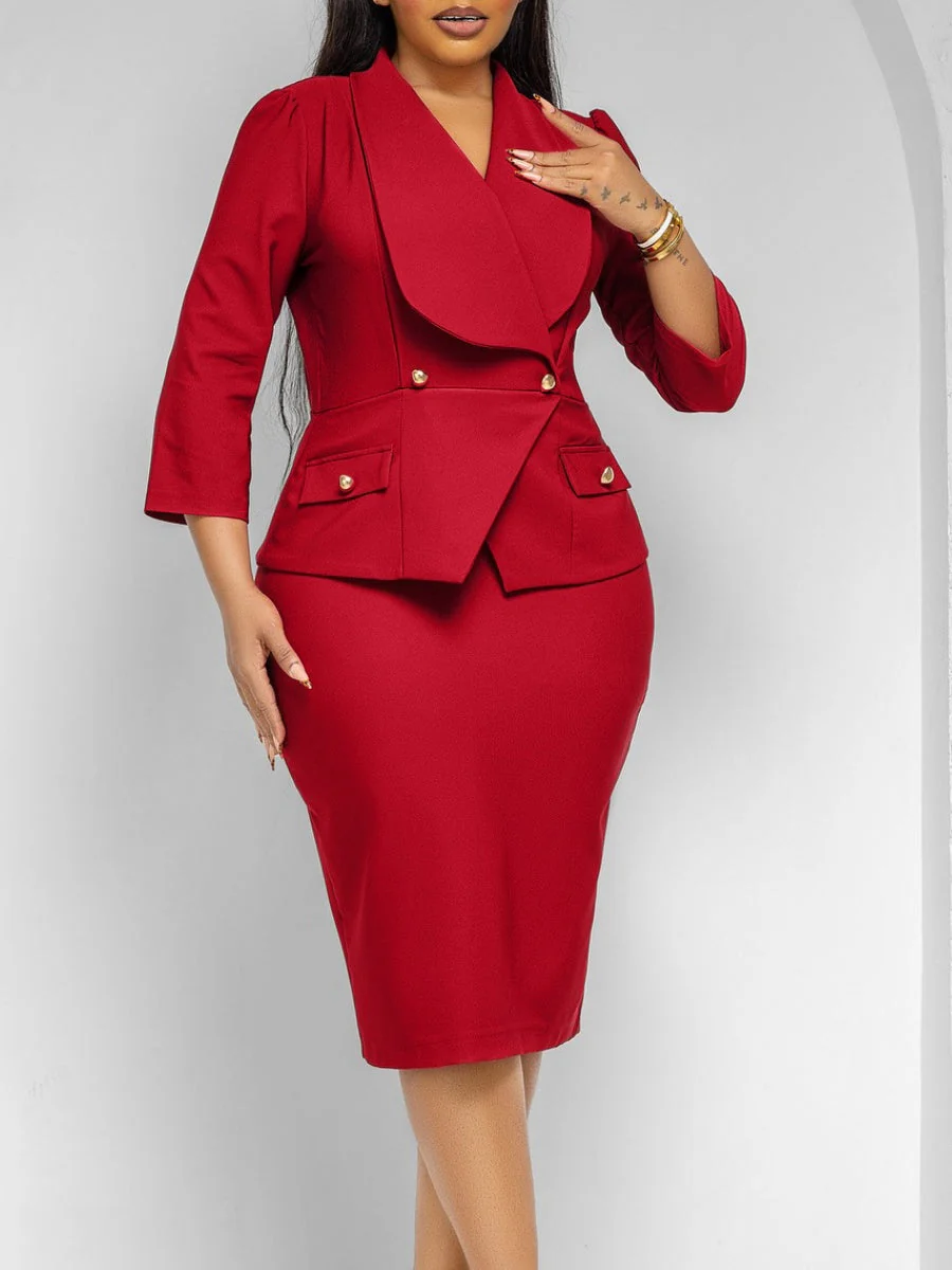 Large Lapel Three-quarter Sleeves Commuting Hip-hugging Midi Dresses - Image 4