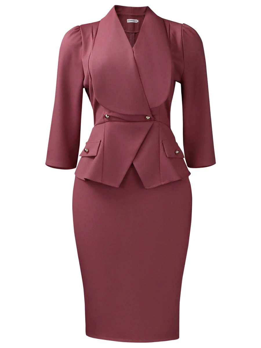 Large Lapel Three-quarter Sleeves Commuting Hip-hugging Midi Dresses - Image 6