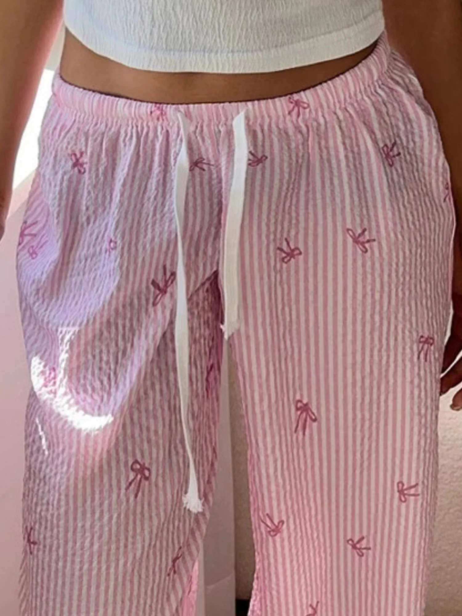 Y2K Bow Stripes Color-blocked Straps Sweet Pants - Image 2