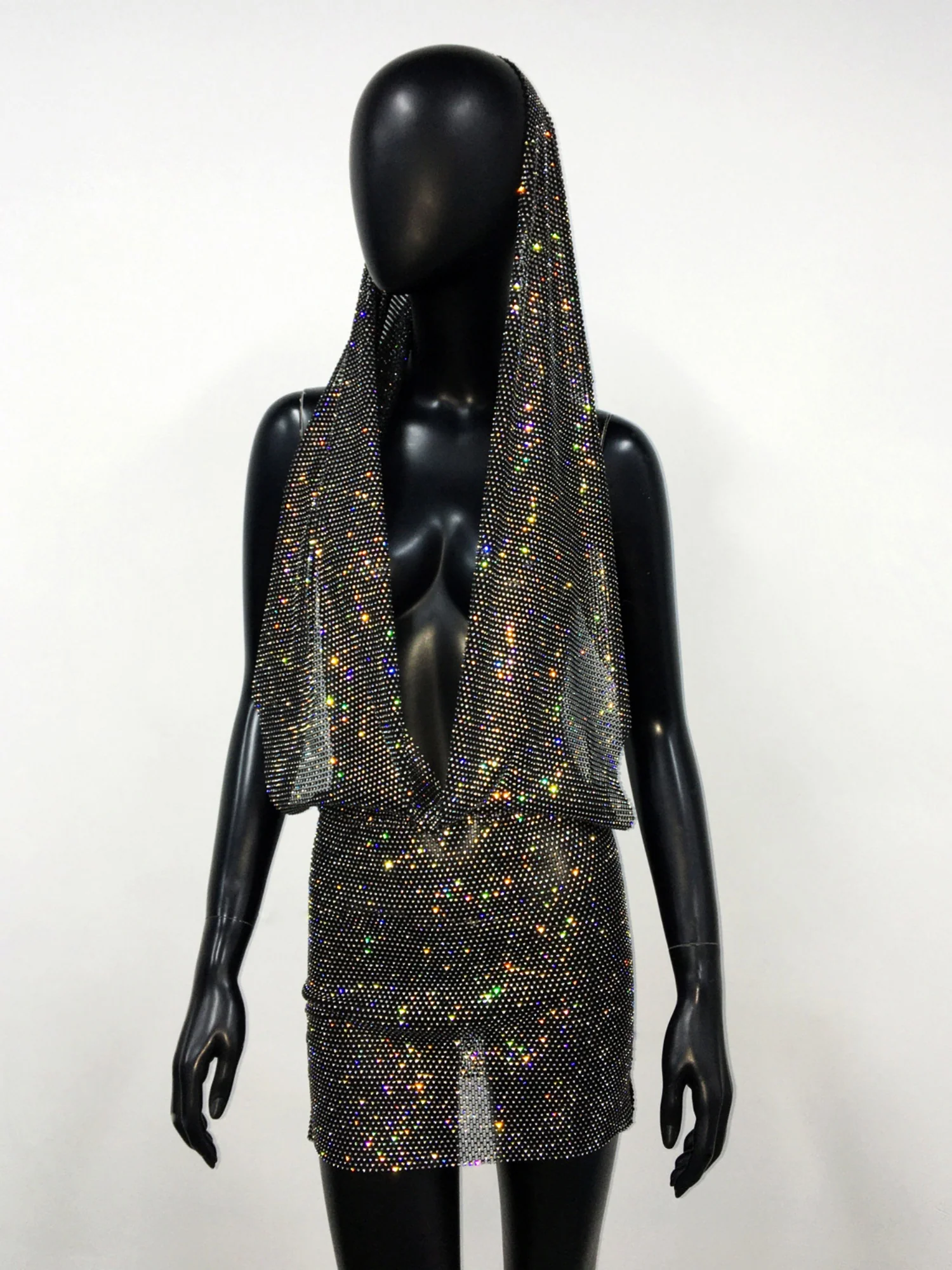 Rhinestone Sequins Pocket Collar Hooded Backless Mini&Short Dresses - Image 4