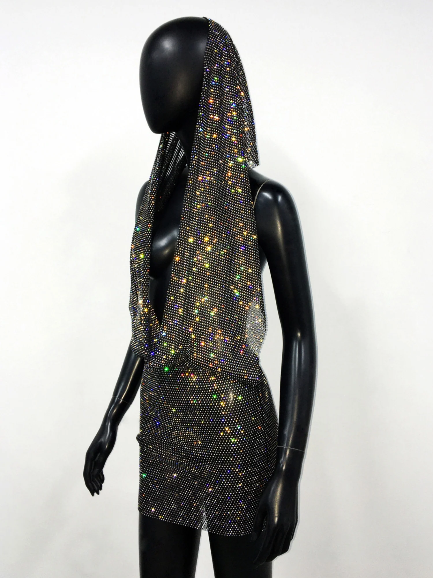 Rhinestone Sequins Pocket Collar Hooded Backless Mini&Short Dresses - Image 5