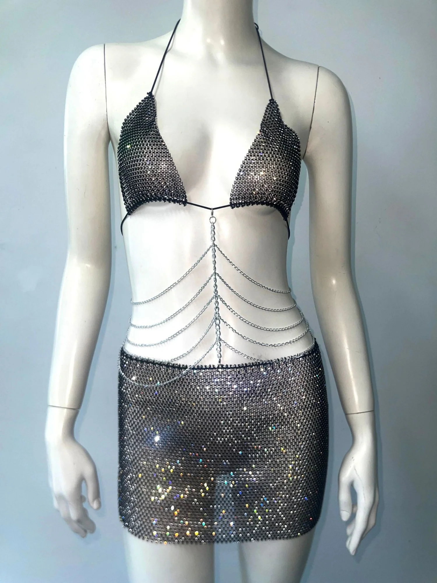 Sequins Chain Strap Halter Neck And Backless Mini&Short Dresses - Image 6