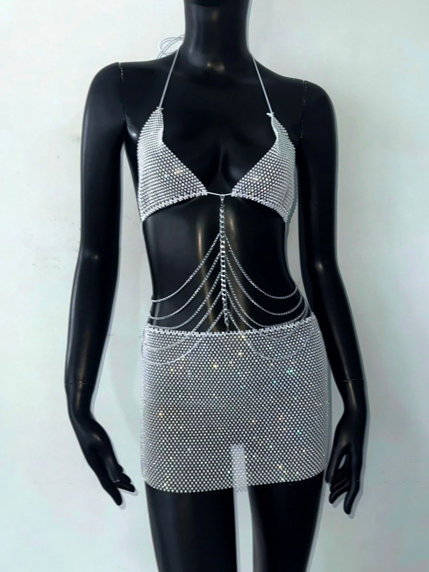 Sequins Chain Strap Halter Neck And Backless Mini&Short Dresses - Image 7