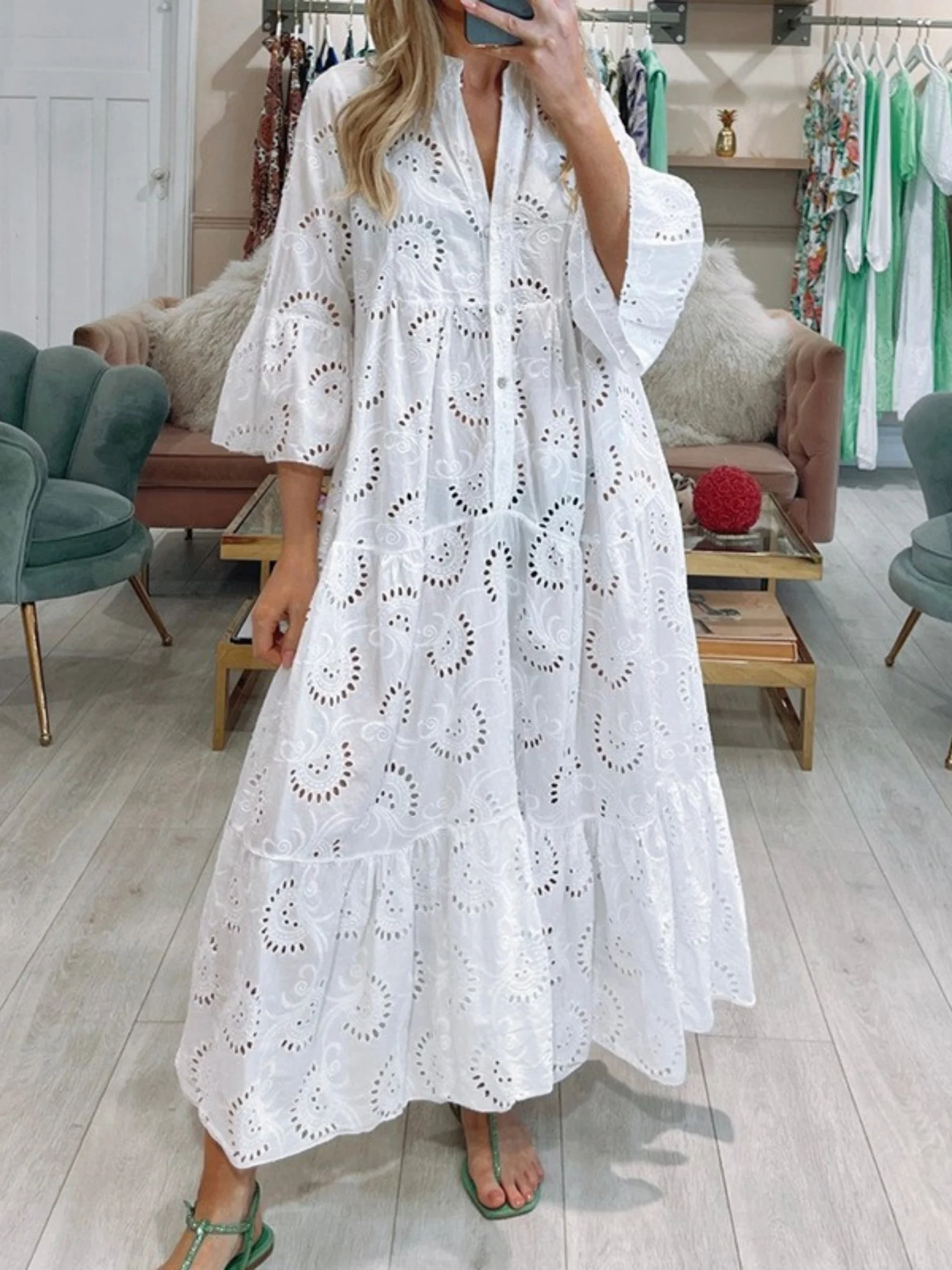 Lace Cutout V-neck Buttons Flare Sleeve Maxi Dresses - Image 2