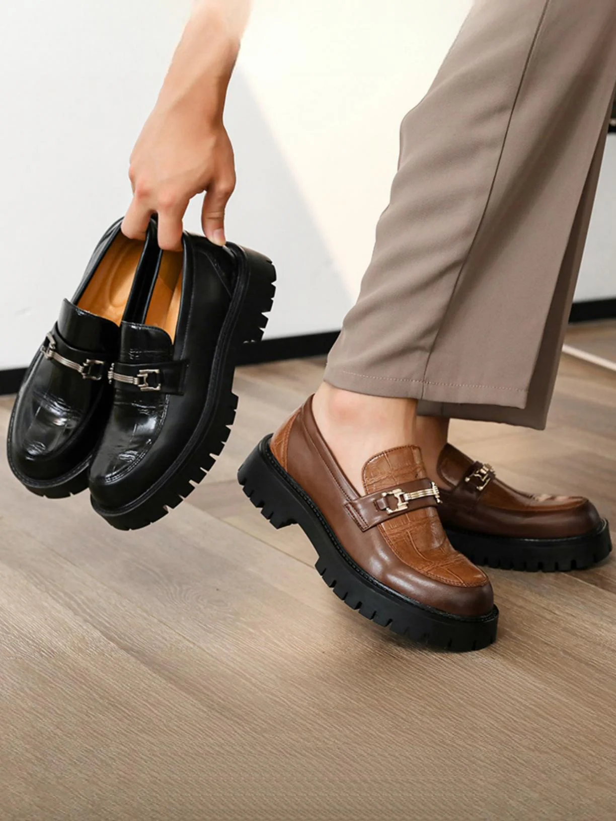Metal Buckle Embossed Platform Slip-on Loafers