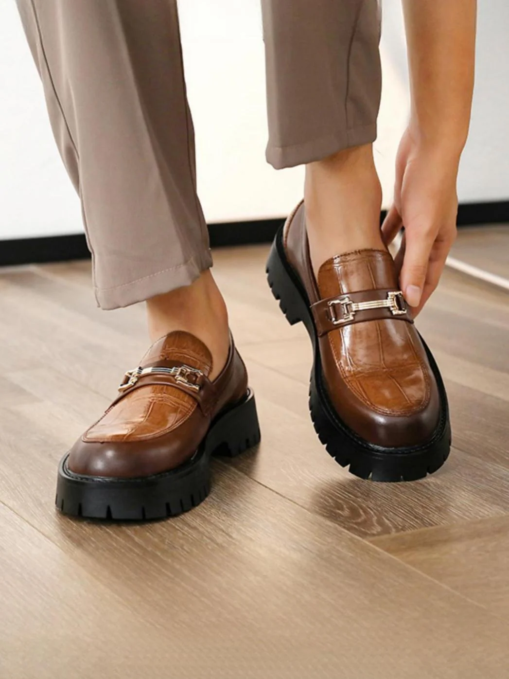 Metal Buckle Embossed Platform Slip-on Loafers - Image 2