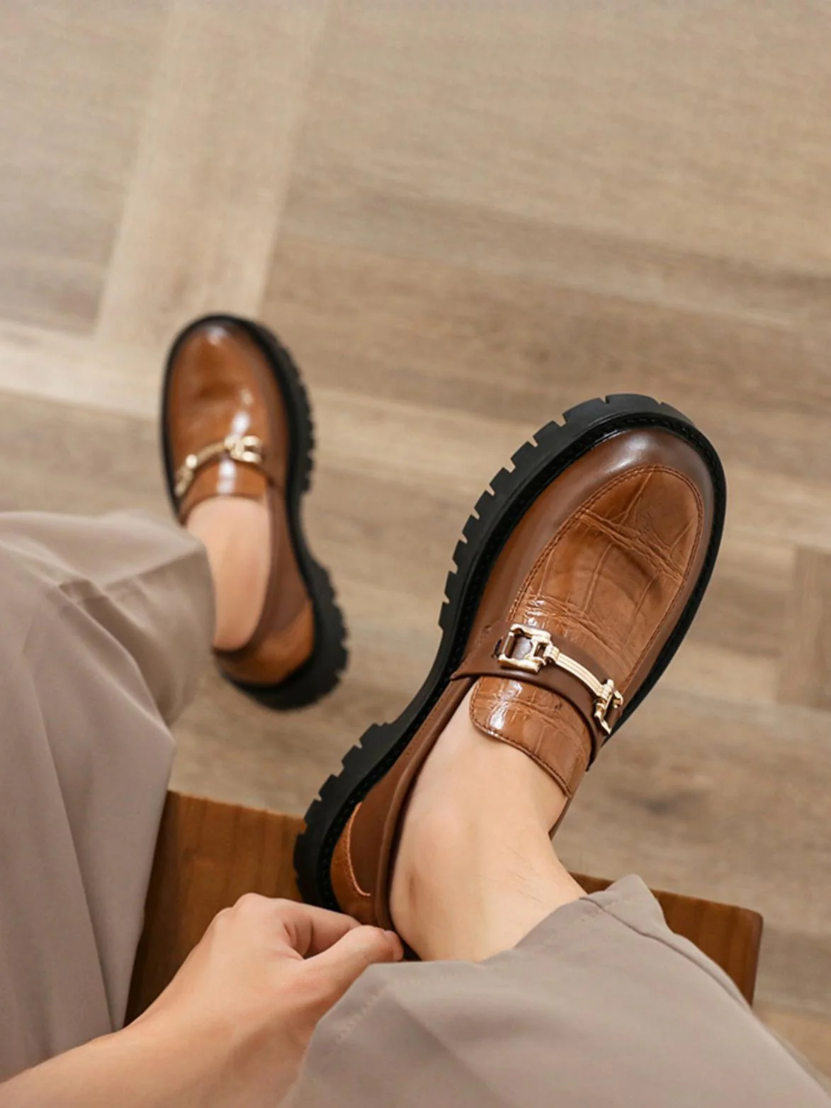 Metal Buckle Embossed Platform Slip-on Loafers - Image 3