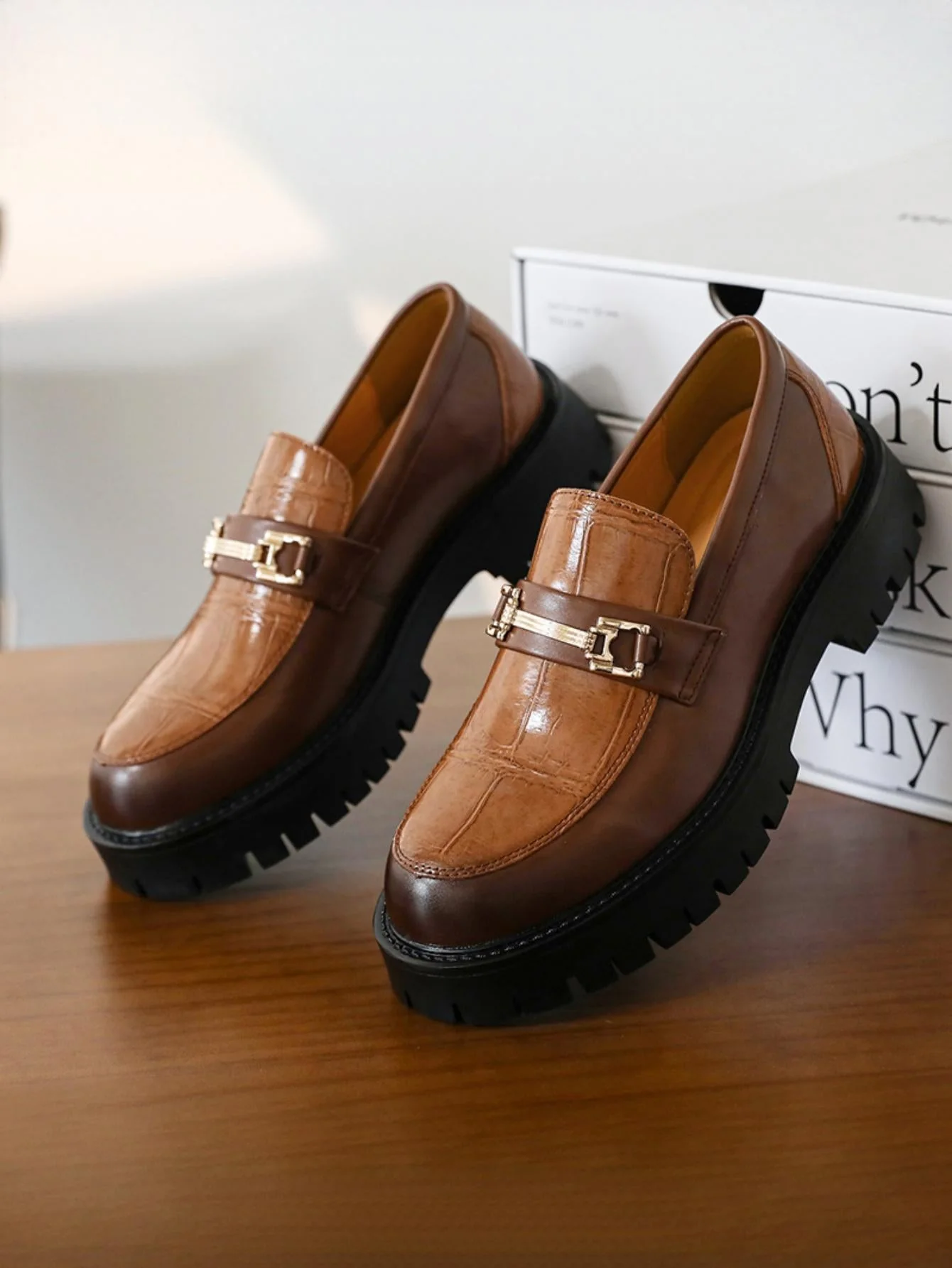Metal Buckle Embossed Platform Slip-on Loafers - Image 4
