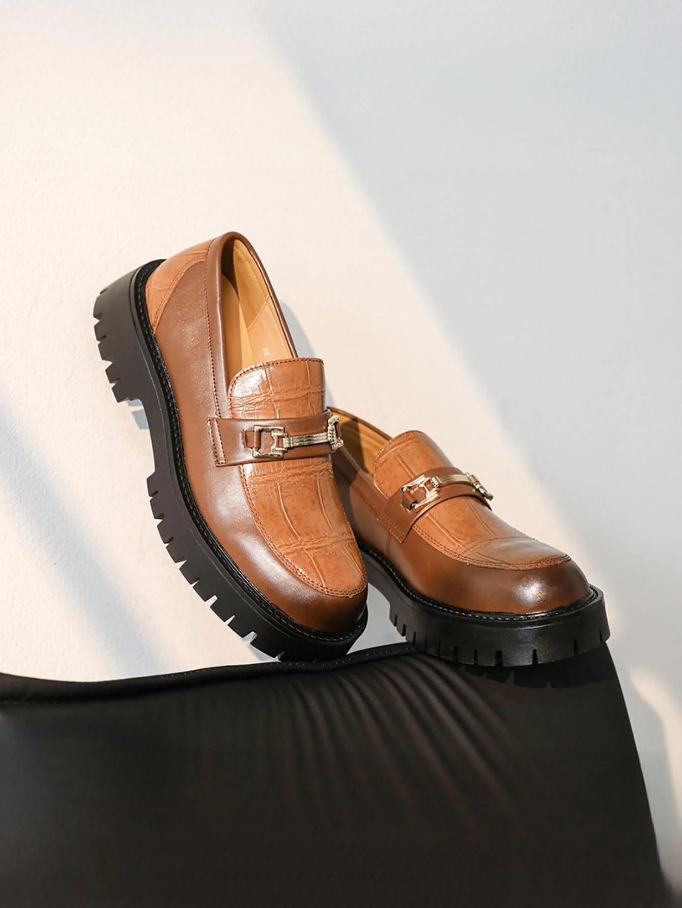 Metal Buckle Embossed Platform Slip-on Loafers - Image 5