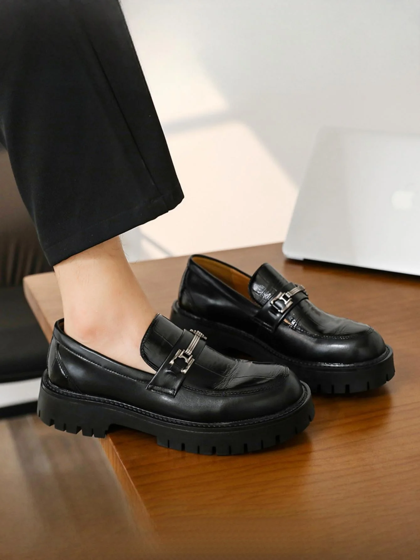 Metal Buckle Embossed Platform Slip-on Loafers - Image 7