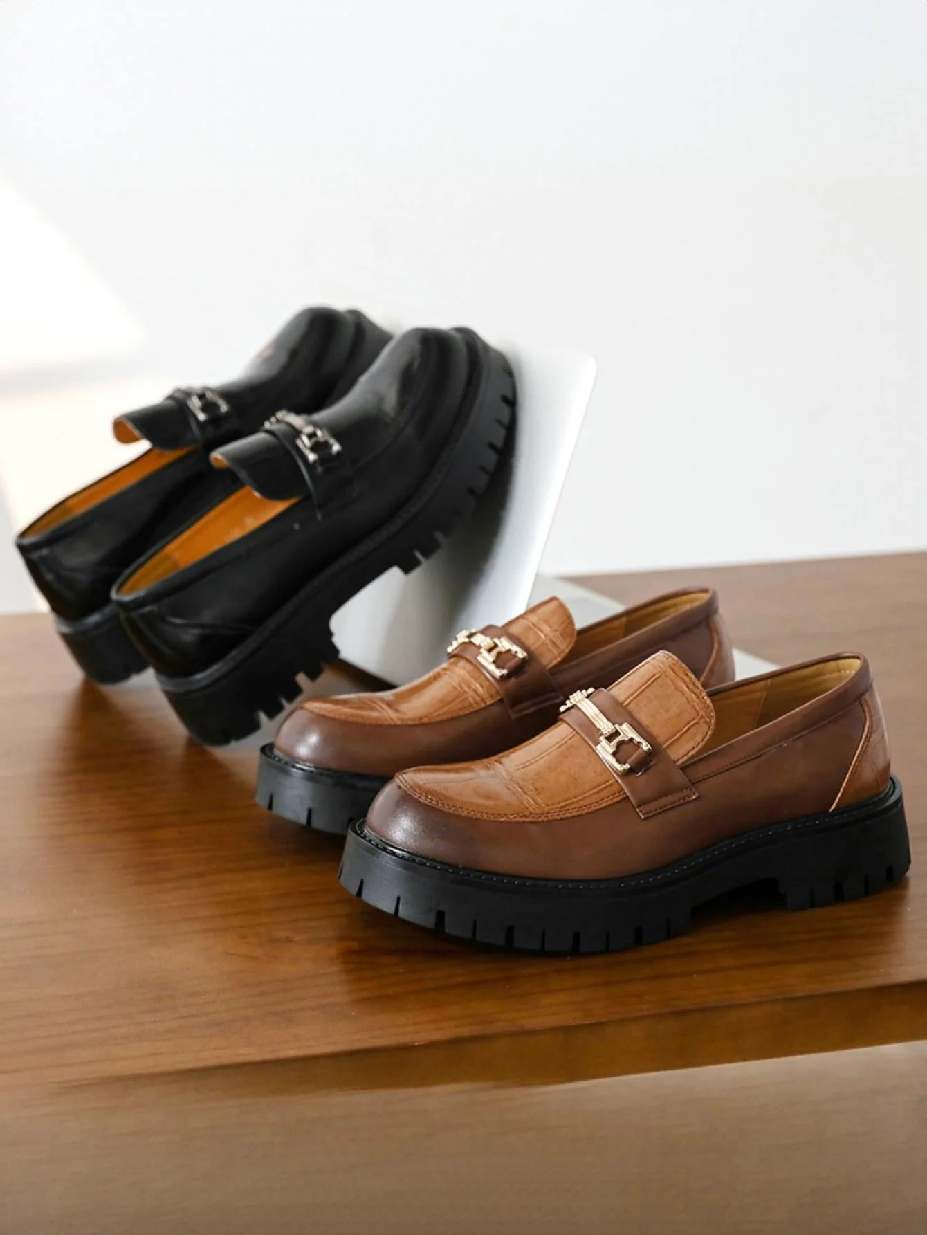 Metal Buckle Embossed Platform Slip-on Loafers - Image 9