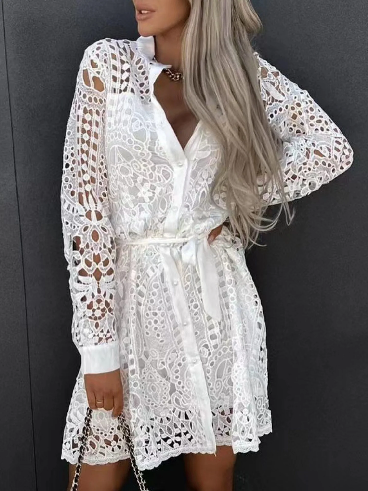 Lace Cutout Lace Up Long Sleeves Mini&Short Dresses - Image 3