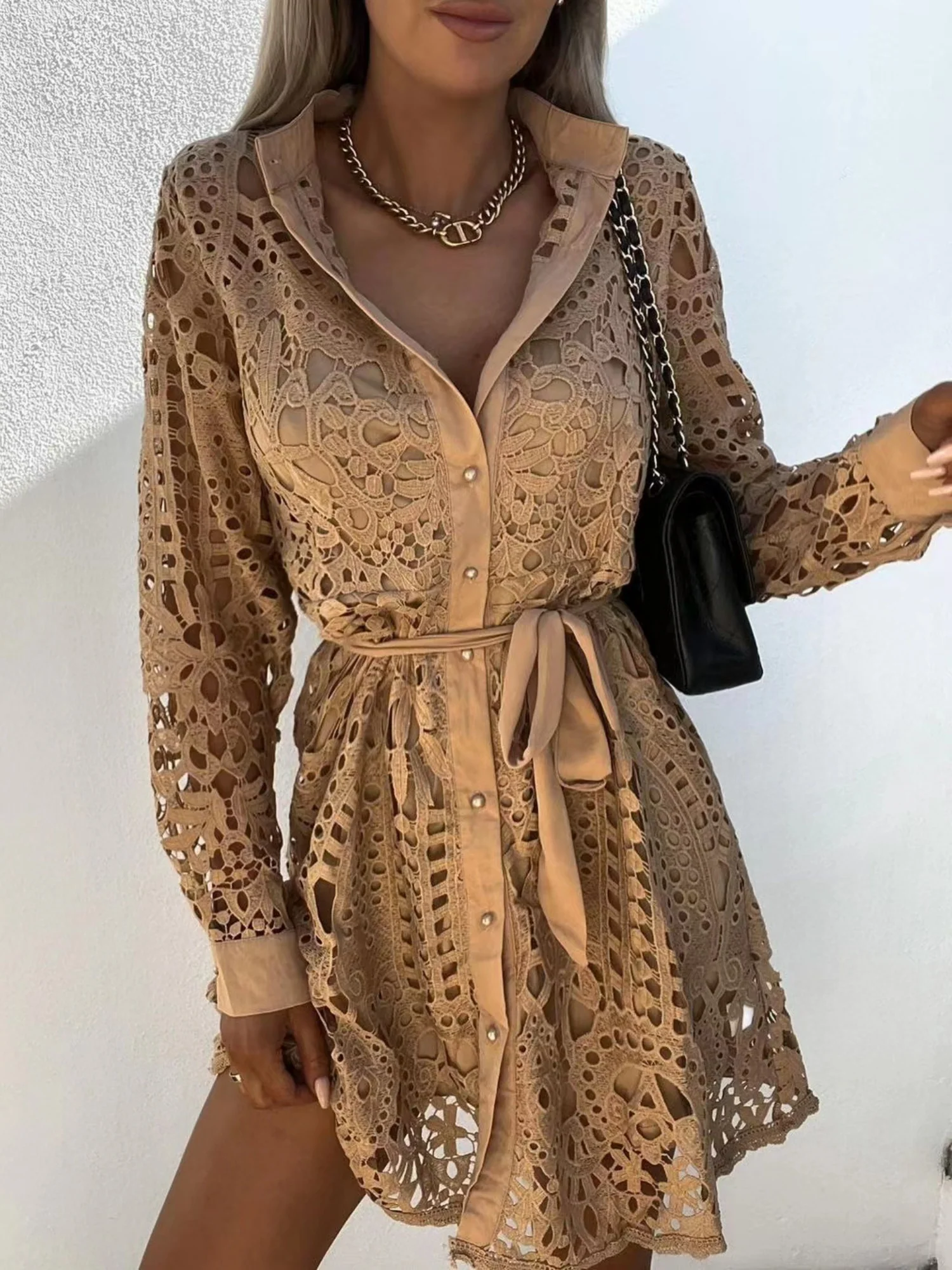 Lace Cutout Lace Up Long Sleeves Mini&Short Dresses - Image 4