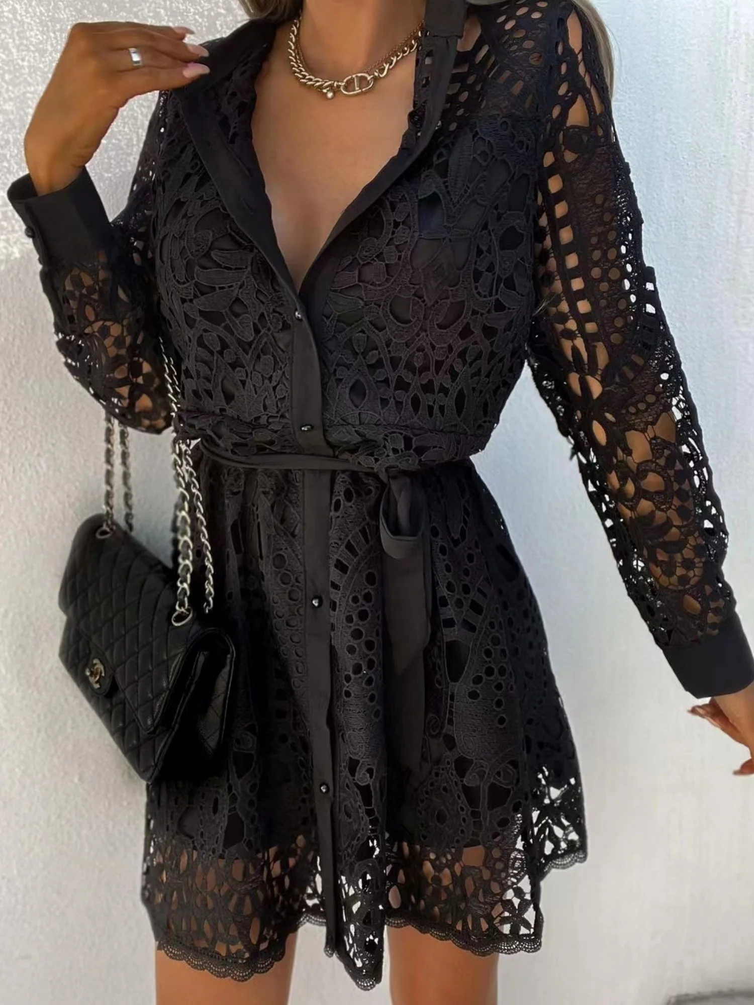 Lace Cutout Lace Up Long Sleeves Mini&Short Dresses - Image 7