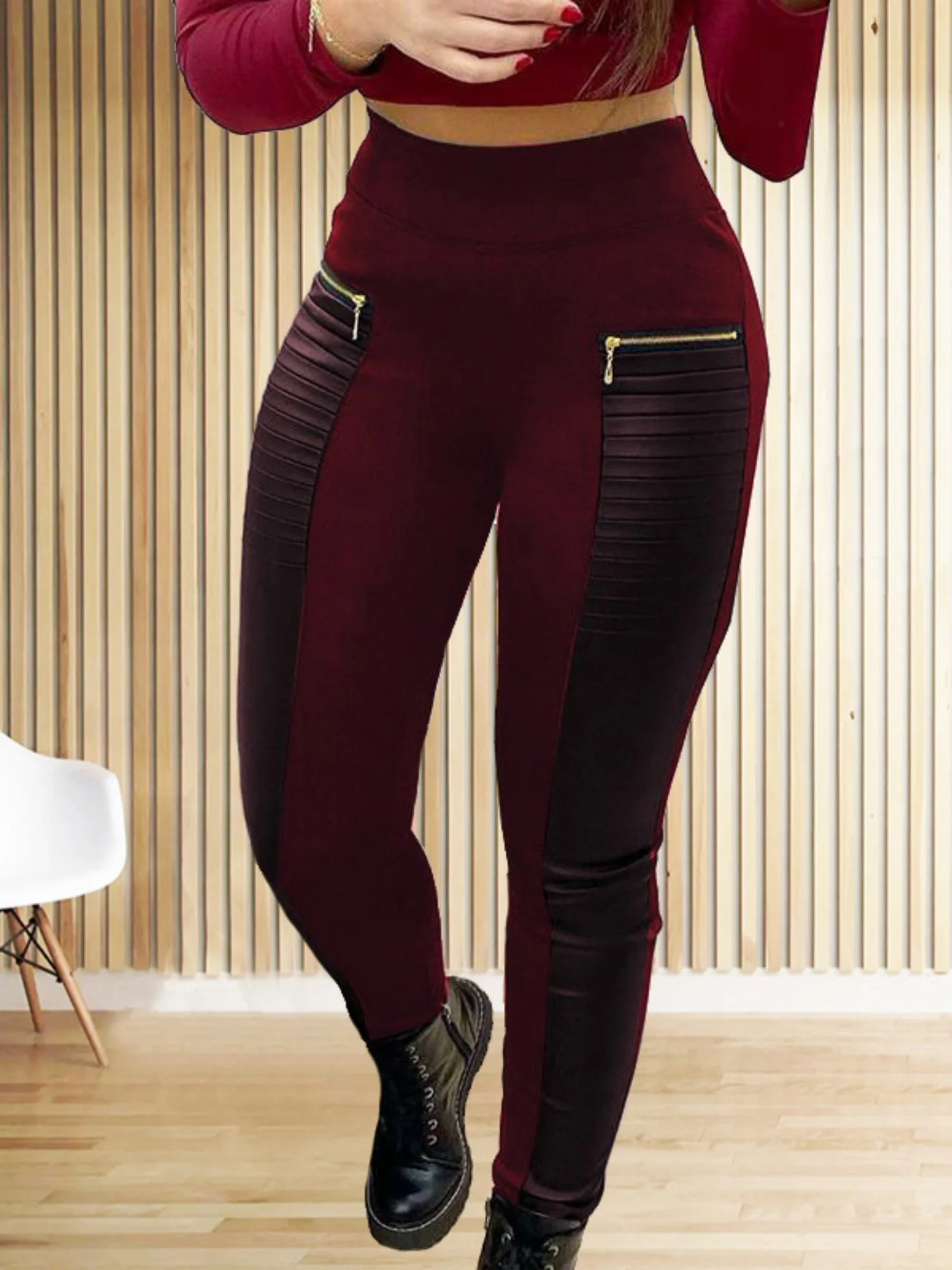 PU Leather Splicing Interface Bag High-waisted And High-elasticity Pants