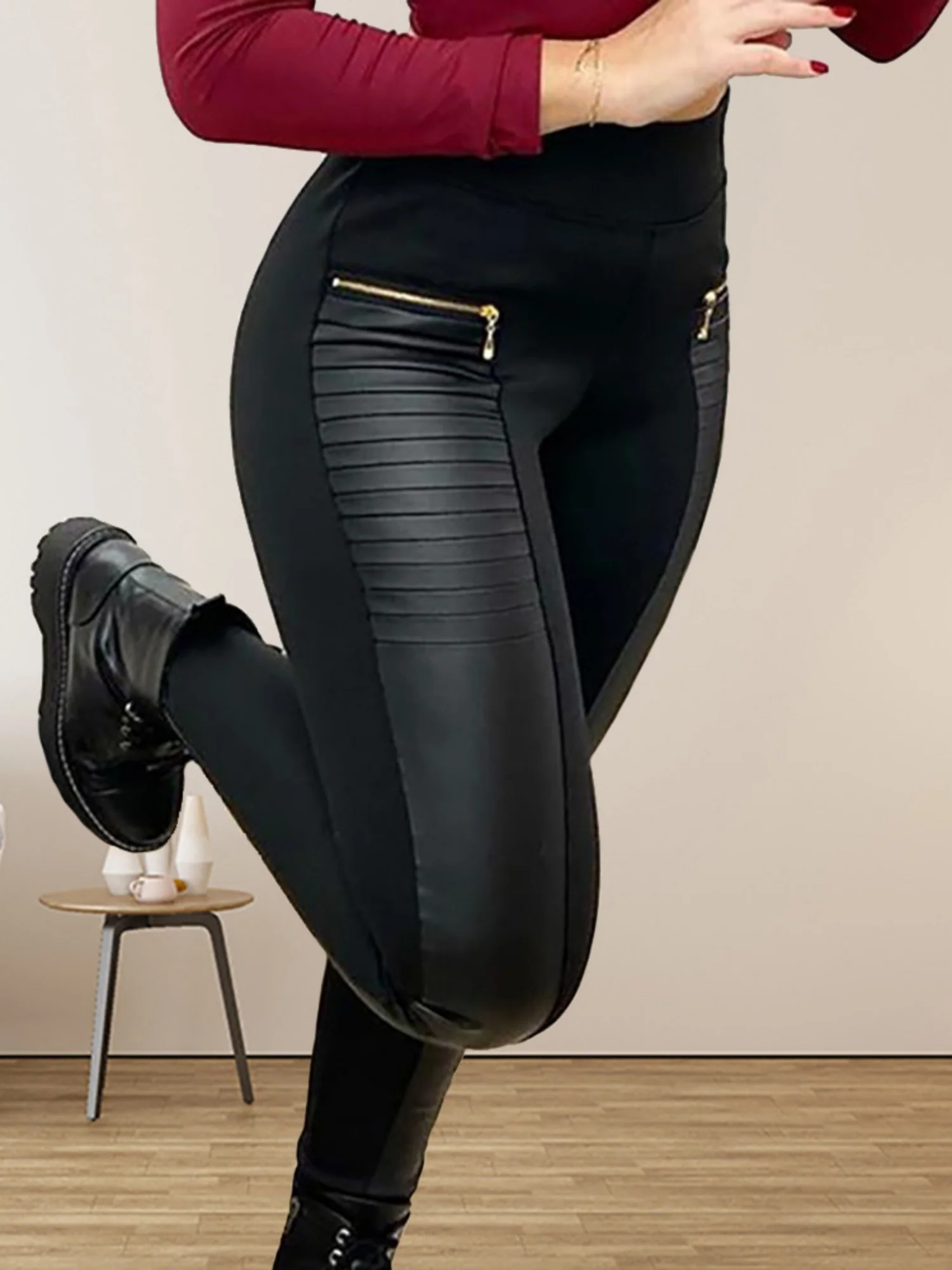 PU Leather Splicing Interface Bag High-waisted And High-elasticity Pants - Image 3
