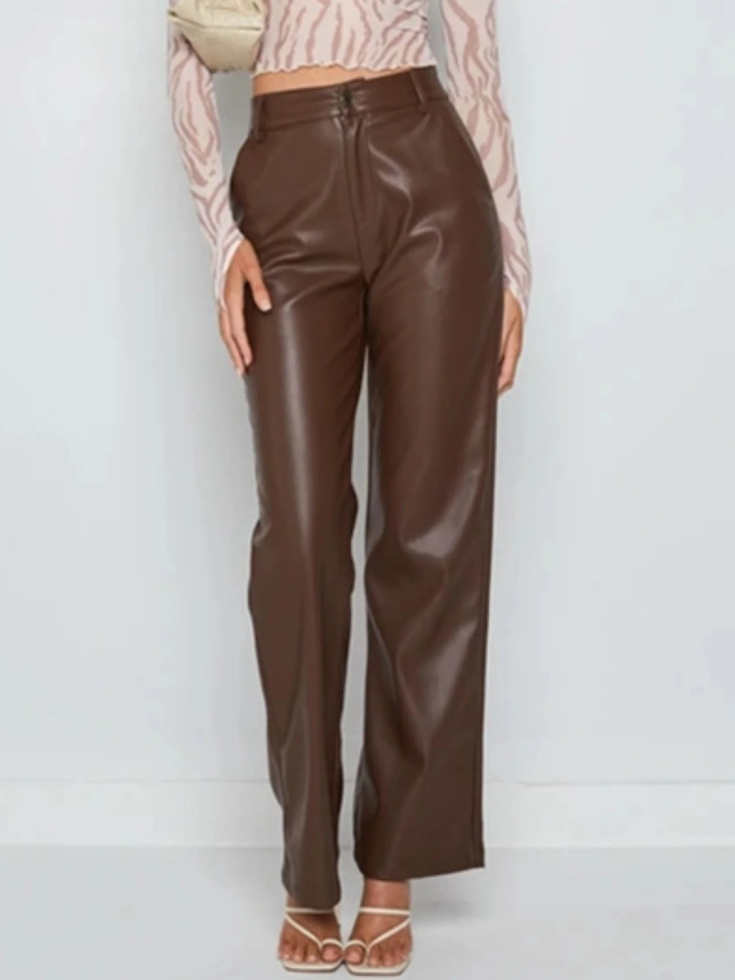 PU Leather Button Pocket High-waisted And High-elasticity Pants